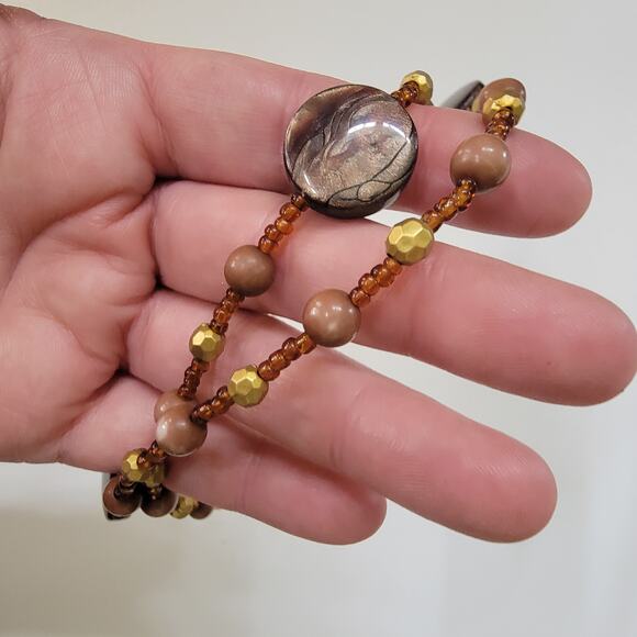 Brown and Gold Beaded Necklace with Round Accents Boho Earthy Seed Bead Jewelry - Picture 6 of 10